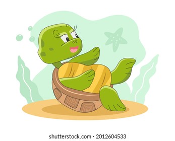 Cute turtle lies on back and looks at the starfish. Vector illustration, icon in cartoon style isolated on background.