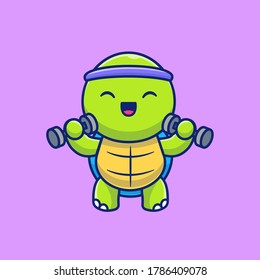 Cute Turtle Lifting Dumbbells Cartoon Vector Icon Illustration. Animal Gym Fitness Icon Concept Isolated Premium Vector. Flat Cartoon Style