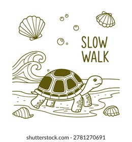Cute turtle line art illustration walking on the beach with seashells and ocean waves. Hand-drawn tortoise character with Slow Walk text, perfect for kids coloring books or minimalist designs.