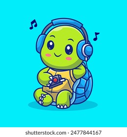Cute Turtle Listening Music With Headphone Cartoon Vector Icon Illustration. Animal Technology Icon Concept Isolated Premium Vector. Flat Cartoon Style