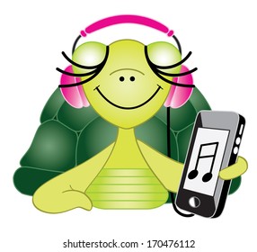 Cute turtle listening to music on its phone
