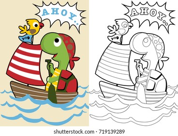 Cute turtle with little bird on sailboat, vector cartoon, coloring page or book