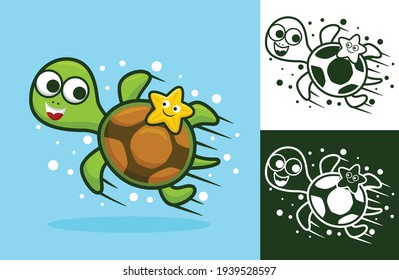 Cute turtle with little starfish undersea. Vector cartoon illustration in flat icon style