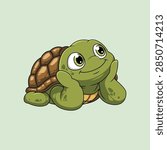 Cute turtle lying down with a sweet smile, lost in peaceful thoughts and enjoying a cozy, relaxed moment