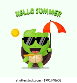 Cute turtle mascot carrying umbrella with summer greetings