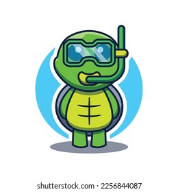 Cute turtle mascot cartoon logo wearing swimming goggles