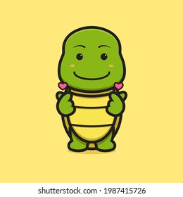 Personaje de la mascota de tortuga con el dedo amado posar ilustración vectorial de dibujos animados. Diseño aislado en amarillo. Estilo de caricatura plano.