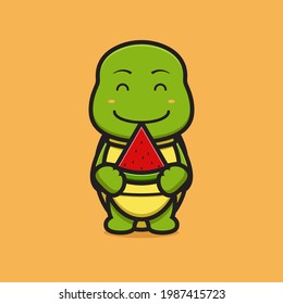 Personaje de la mascota de tortuga de tortuga corta sostiene imagen de icono vectorial de la sandía. Diseño aislado en amarillo. Estilo de caricatura plano.