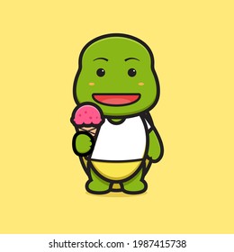 Personaje de la mascota de tortuga de tortuga corta sujetando una caricatura de helado ilustrando un icono vectorial. Diseño aislado en amarillo. Estilo de caricatura plano.