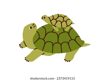 Cute turtle mom and baby. Funny animals family, amphibian mother carrying kid on shell. Happy smiling tortoise mommy and child together. Flat vector illustration isolated on white background