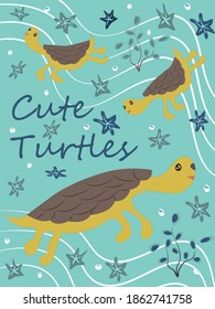 Cute turtle mom and baby turtle. vector illustration, eps