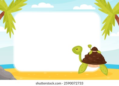 Cute Turtle Note Card with Funny Animal Vector Template