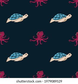 Cute turtle and octopus. Underwater world. Children's seamless pattern. Vector illustration. Suitable for fabrics, for children's albums, postcards