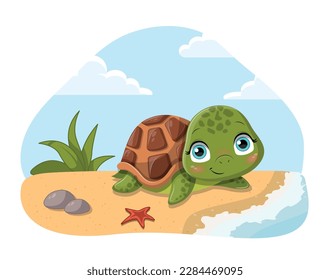 Una tortuga dulce en la playa. Animales cerca del mar y del océano, tropicales y exóticos. Afiche o cartel para el sitio web. Habitante de mar con concha, juguete o mascota para niños. Dibujo vectorial plano de dibujos animados