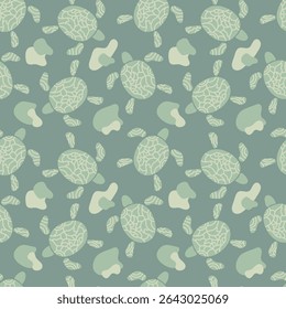 Cute turtle on a green background. Seamless pattern is animal for clothing, fabric, wallpaper, backdrop, home decoration, cover book, and wall art. Vintage style. 