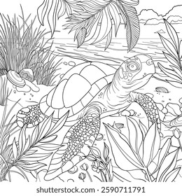 Cute turtle on a pretty beach surrounded by foliage and shells, colouring page book design, outline. Vector.