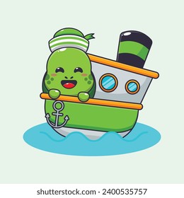 Cute turtle on the ship cartoon vector illustration. 