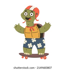 Cute turtle on skateboard vector cartoon character isolated on a white background.