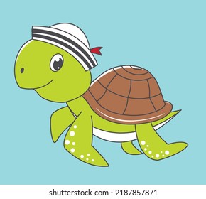 cute turtle pirate, cute turtle sailor, cute green summer turtle