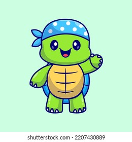 Ilustración del icono del vector de dibujos animados de mano de la tortuga Cute Turtle Pirate. Vector Premium Aislado De Icono De Festividad Animal. Estilo de dibujo plano