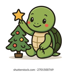 Tartaruga bonito coloca estrela na pequena árvore de Natal