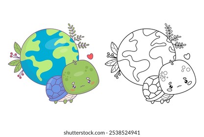 Cute turtle with planet Earth. Concept ecology, conservation, protection of respect nature. Isolated colored and outline cartoon animal character. Coloring book. Vector illustration. Kids collection.