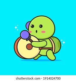 una bella tortuga tocando tambores con palos. Diseño vectorial de instrumentos de juego de tortugas. Tortuga cutánea con música para el logo de la mascota