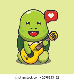 Cute turtle playing guitar. Cute cartoon animal illustration.