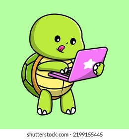 Cute Turtle Playing Laptop Cartoon Vector Icon Illustration. Flat Cartoon Concept
