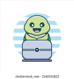 Cute Turtle Playing Laptop Vector Icon Illustration. Animal Icon Concept Isolated Premium Vector. Flat Cartoon Style