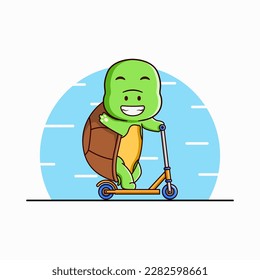 Cute Turtle Playing Scooter Vector Cartoon Illustration Icon Sport Mascot. Cartoon Style.