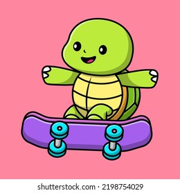 Cute Turtle Playing Skateboard Cartoon Vector Icon Illustration. Flat Cartoon Concept
