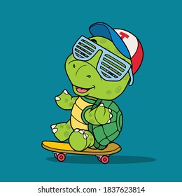 Cute turtle playing skateboard. Hand drawn.