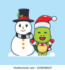 Cute turtle playing with Snowman. Cute christmas cartoon illustration.