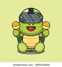 Cute turtle playing virtual reality. Cute cartoon animal illustration.