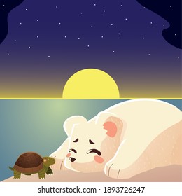 cute turtle and polar bear sleeping cartoon animal vector illustration