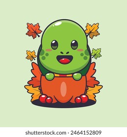 Cute turtle in a pumpkin at autumn season. Mascot cartoon vector illustration suitable for poster, brochure, web, mascot, sticker, logo and icon.