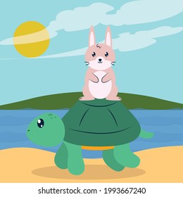 cute turtle and rabbit animals scene