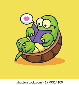 Cute Turtle Reading a Book Cartoon. Animal Vector Icon Illustration, Isolated on Premium Vector