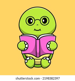 Cute Turtle Reading Book Cartoon Vector Icon Illustration. Flat Cartoon Concept
