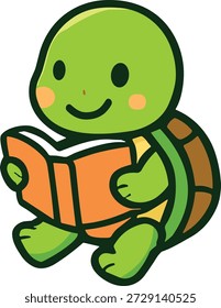 Cute Turtle Reading a Book Illustration, Adorável Tortoise Student Back to School Concept.