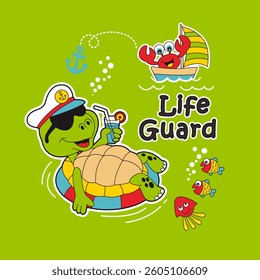 Cute turtle relaxing on the beach, Nature Animal Cartoon, isolated Flat Vector Illustration
