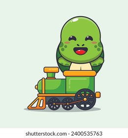 Cute turtle ride on train cartoon vector illustration.