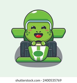 Cute turtle riding race car cartoon vector illustration. 
