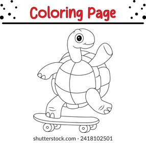 cute turtle riding skateboard coloring page for kids