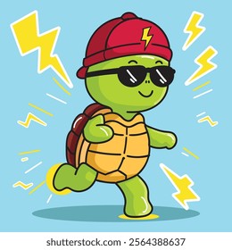 a cute Turtle run in high speed with sunglasses and thunder effect good for sticker or meme