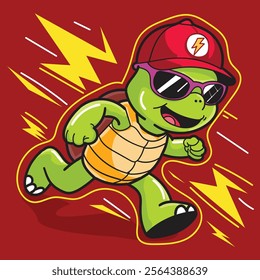 a cute Turtle run in high speed with sunglasses and thunder effect good for sticker or meme