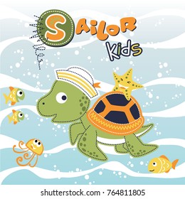 Cute turtle the sailor with little marine animals undersea