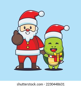 Cute turtle with santa claus. Cute christmas cartoon illustration. 