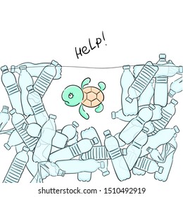 Cute turtle say Help! A small turtle dies among plastic waste in the ocean. Reduce plastic waste and prevent ocean pollution. Plastic bottle. Hand drawn vector illustration. Sketch cartoon style